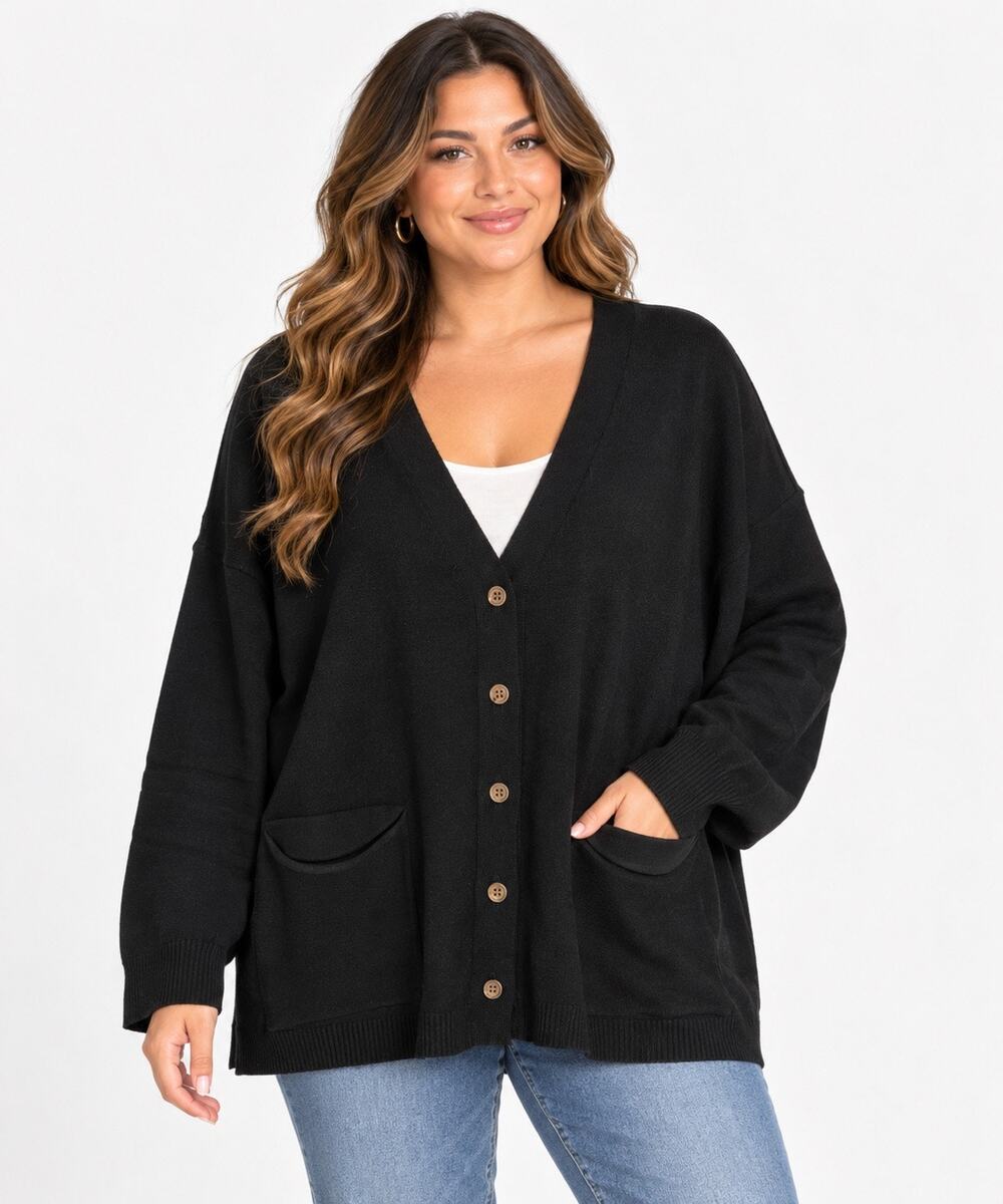 Sweet Generis Black Oversized Button-Front Cardigan 1X/2X